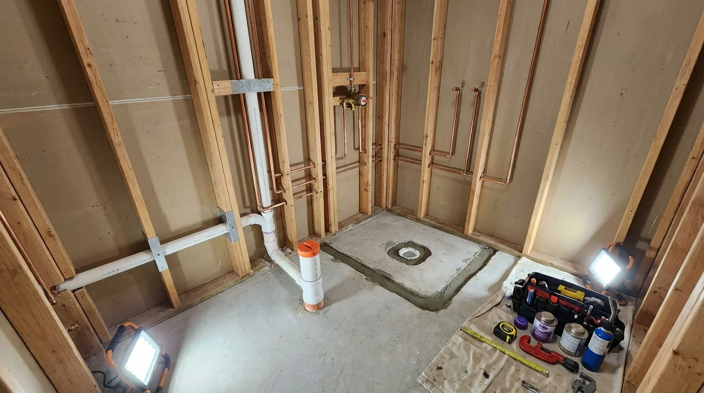 Bathroom rough-in plumbing during remodel by Johns Plumbing LLC in Middlesboro