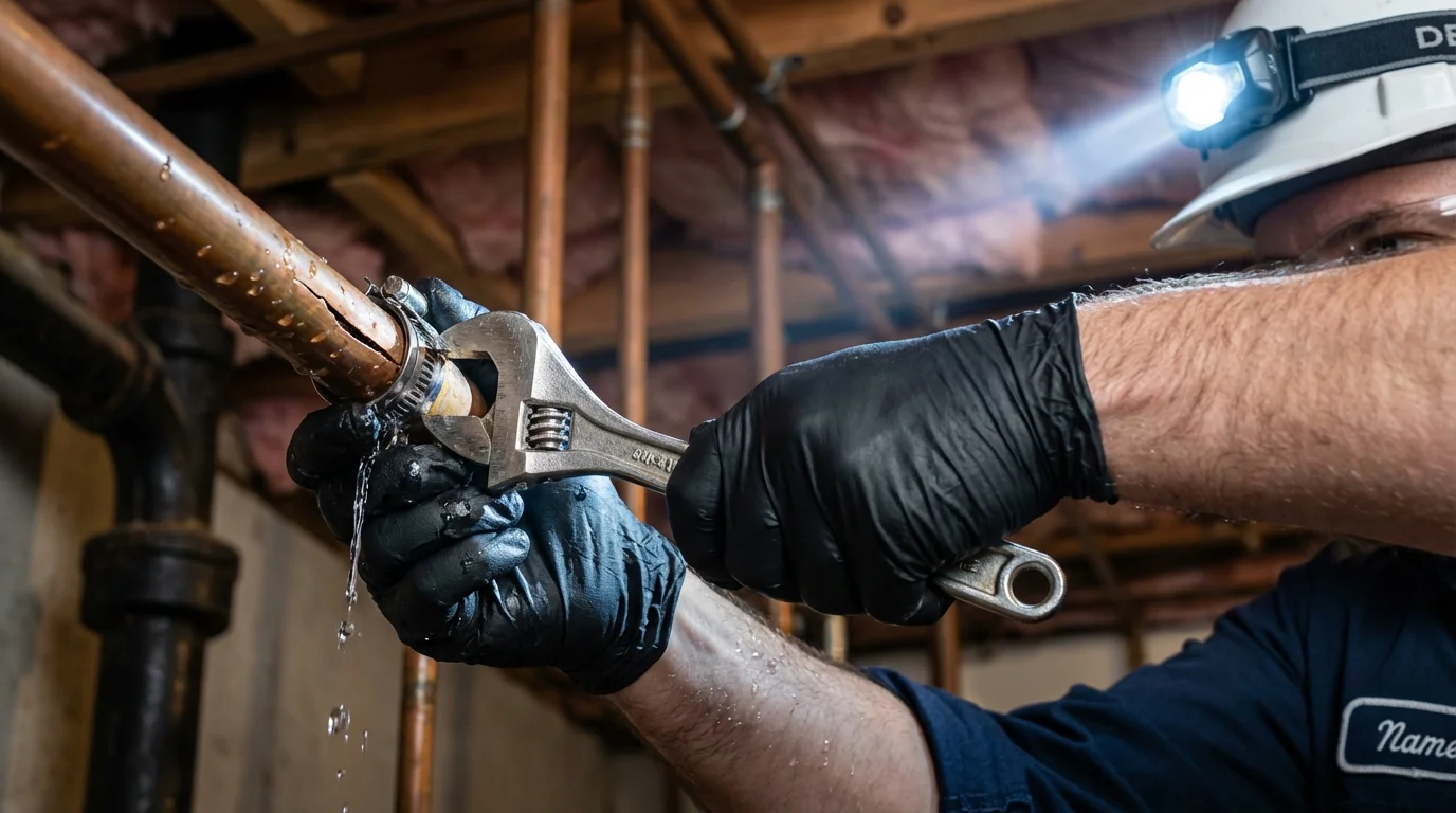 Emergency pipe clamp repair being performed by a Johns Plumbing LLC plumber in Middlesboro