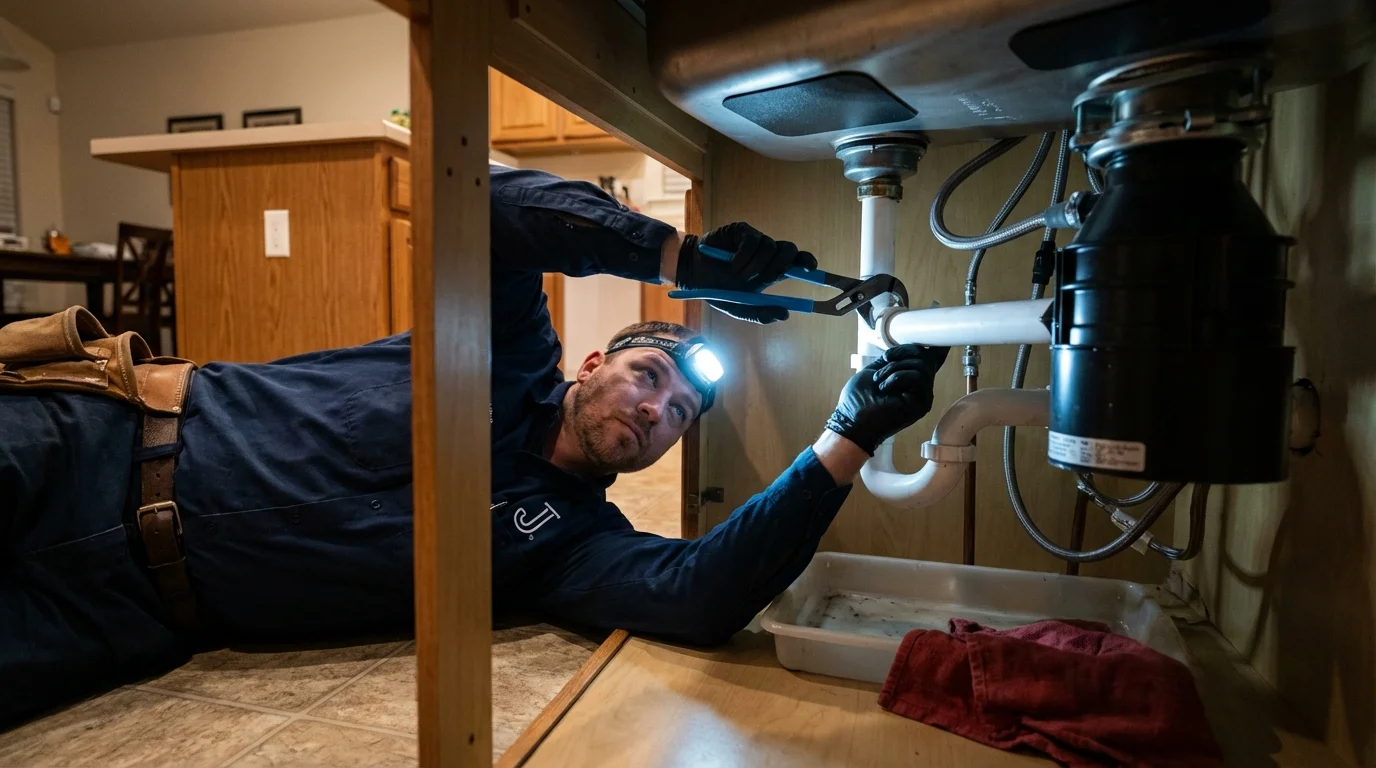 P-trap and supply line connections under a kitchen sink showing a common leak point in Middlesboro, KY